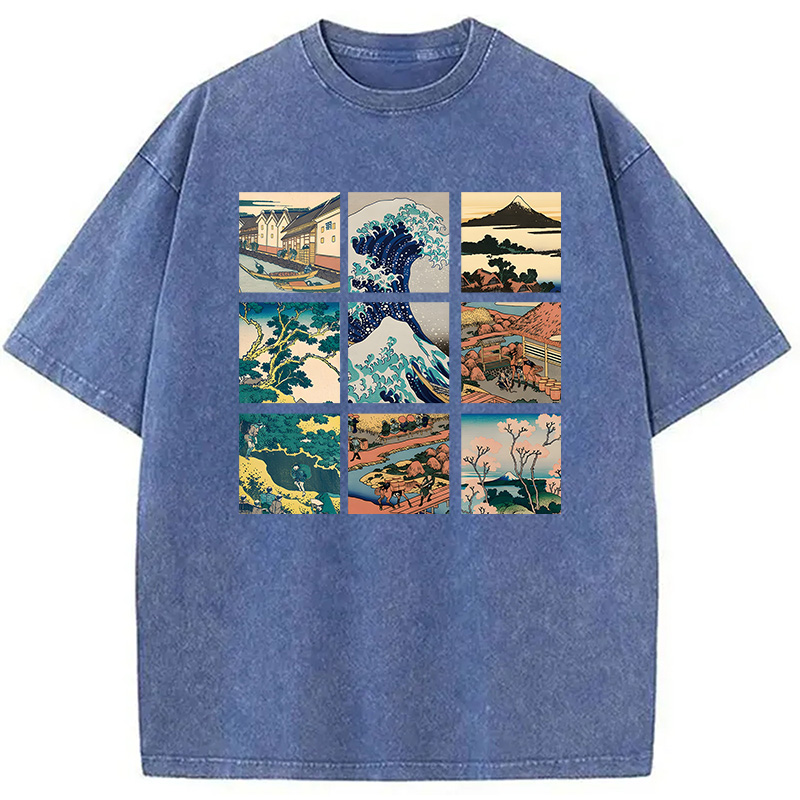 Modecanvas Thirty Six Views Of Mount Fuji DTG Printing Washed T-Shirt-modecanvas