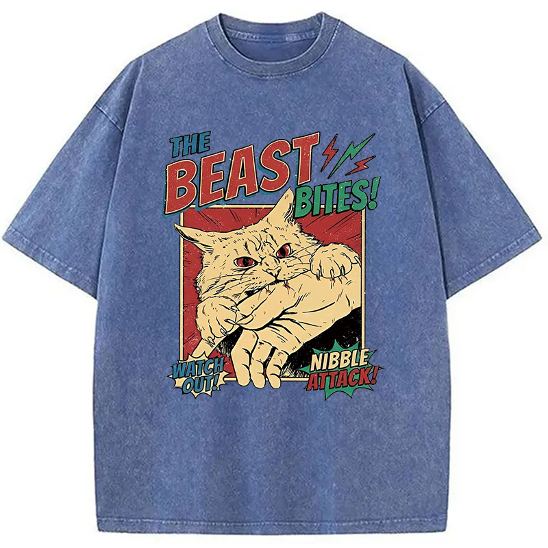 Modecanvas Vintage Horror Cat Bite DTG Printing Washed T-Shirt-modecanvas