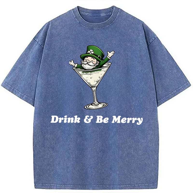 Modecanvas Leprechaun Martini Cocktail Vintage DTG Printing Washed T-Shirt-modecanvas