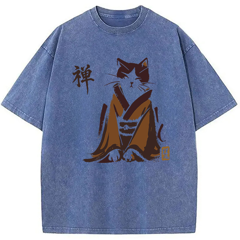 Modecanvas Zen Cat Kimono DTG Printing Washed T-Shirt-modecanvas