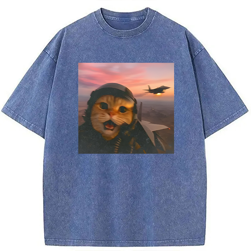 Modecanvas Funny Fighter Pilot Cat DTG Printing Washed T-Shirt