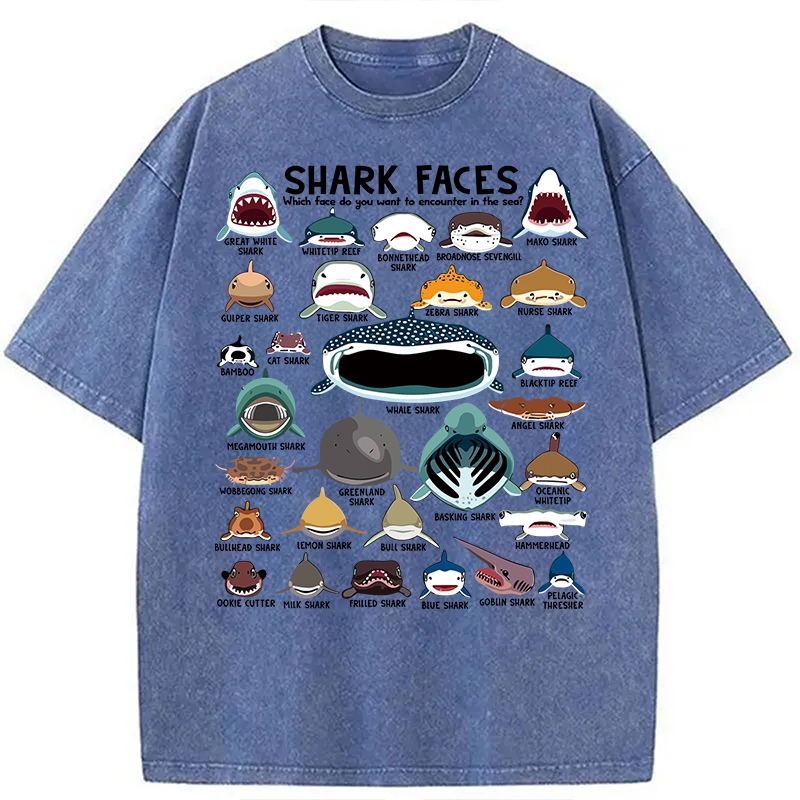 Modecanvas Shark Faces Marine Sea Life DTG Printing Washed T-Shirt