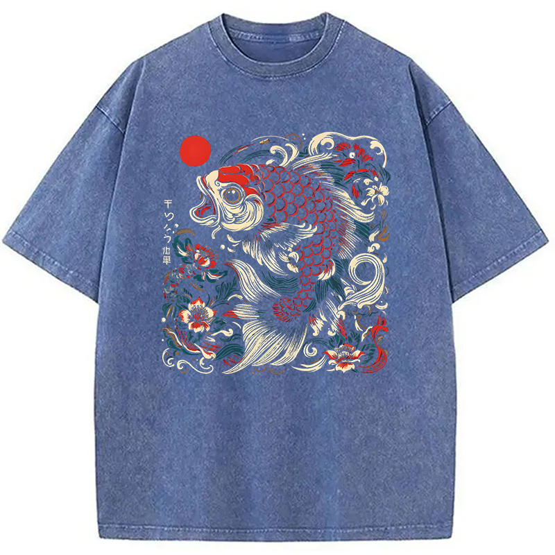 Modecanvas Japanese Koi Fish DTG Printing Washed T-Shirt