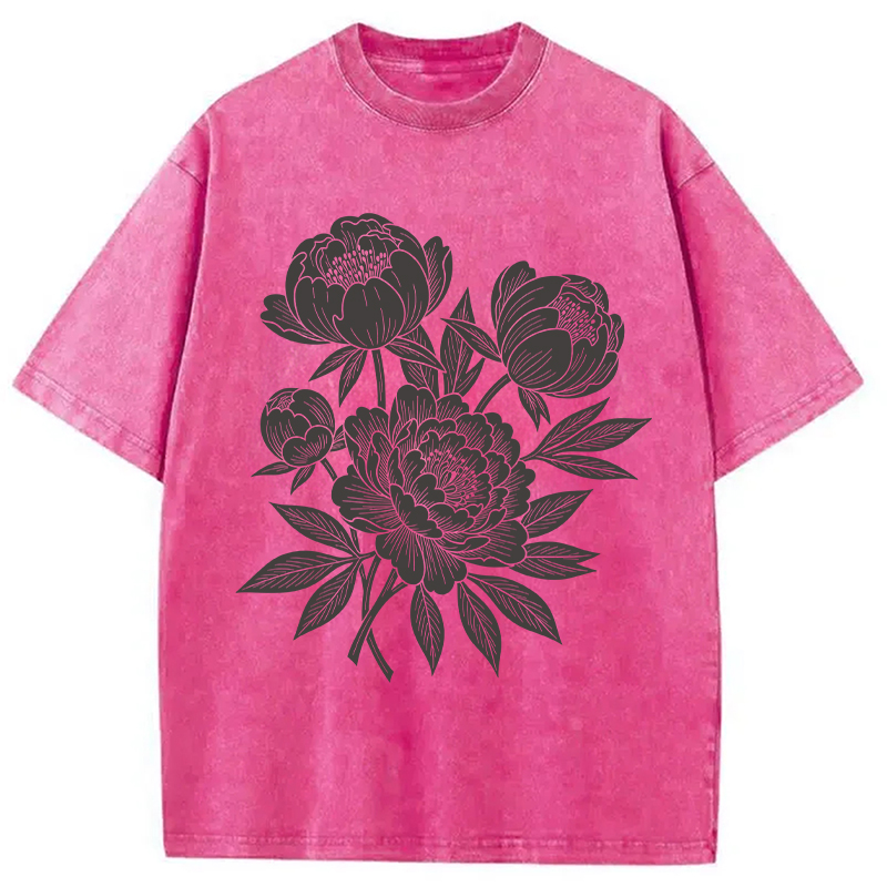 Modecanvas Linocut Floral DTG Printing Washed T-Shirt