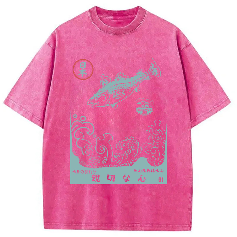 Modecanvas Japanese Fish Vintage Ukiyo-e Wave DTG Printing Washed T-Shirt