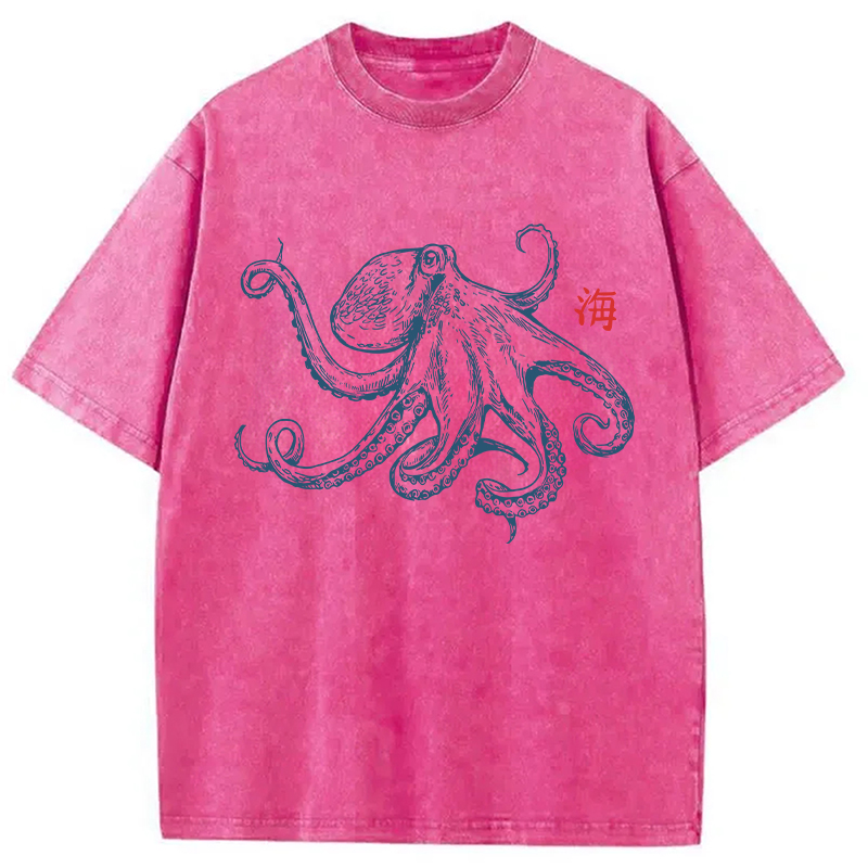 Modecanvas Octopus Retro Japanese DTG Printing Washed T-Shirt