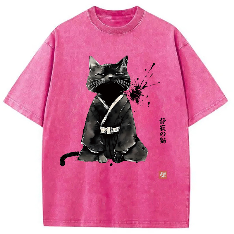 Modecanvas Zen Cat Japanese DTG Printing Washed T-Shirt