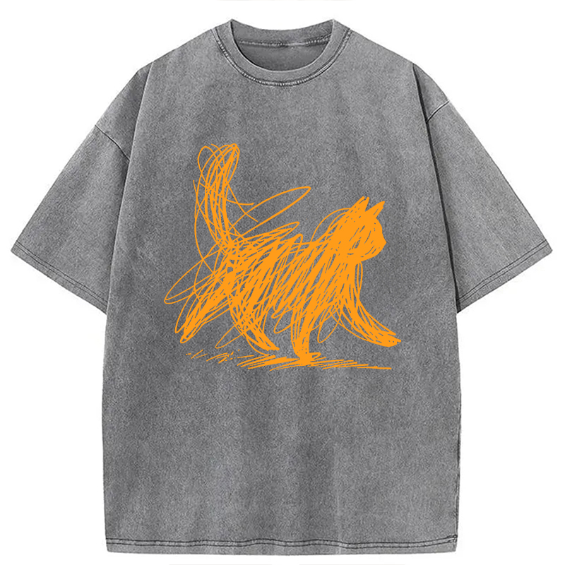 Modecanvas Scribble Cat Minimal Washed T-Shirt-modecanvas
