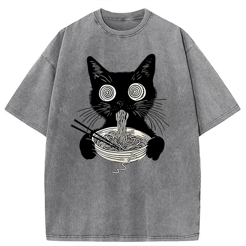 Modecanvas Psychedelic Ramen Cat DTG Printing Washed T-Shirt