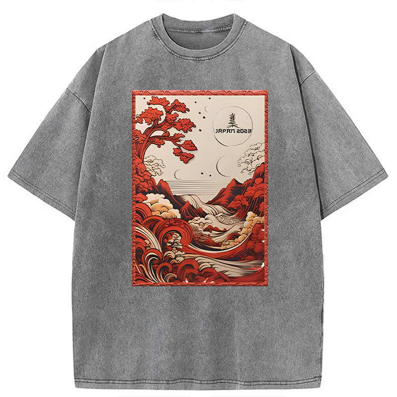 Modecanvas Japanese River View DTG Printing Washed T-Shirt