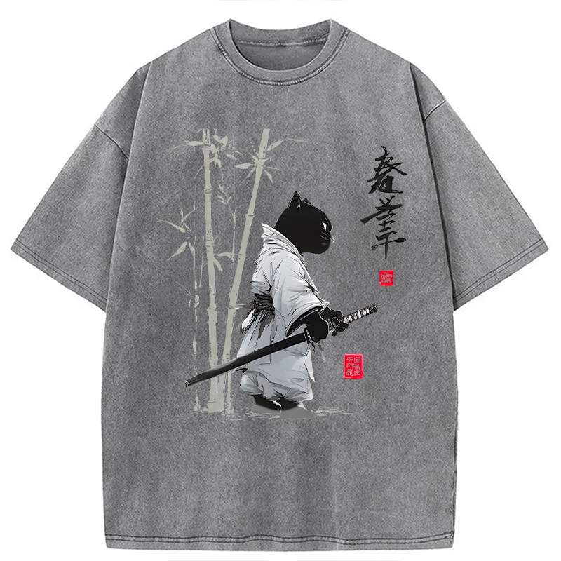 Modecanvas Samurai Cat Japanese Kanji DTG Printing Washed T-Shirt