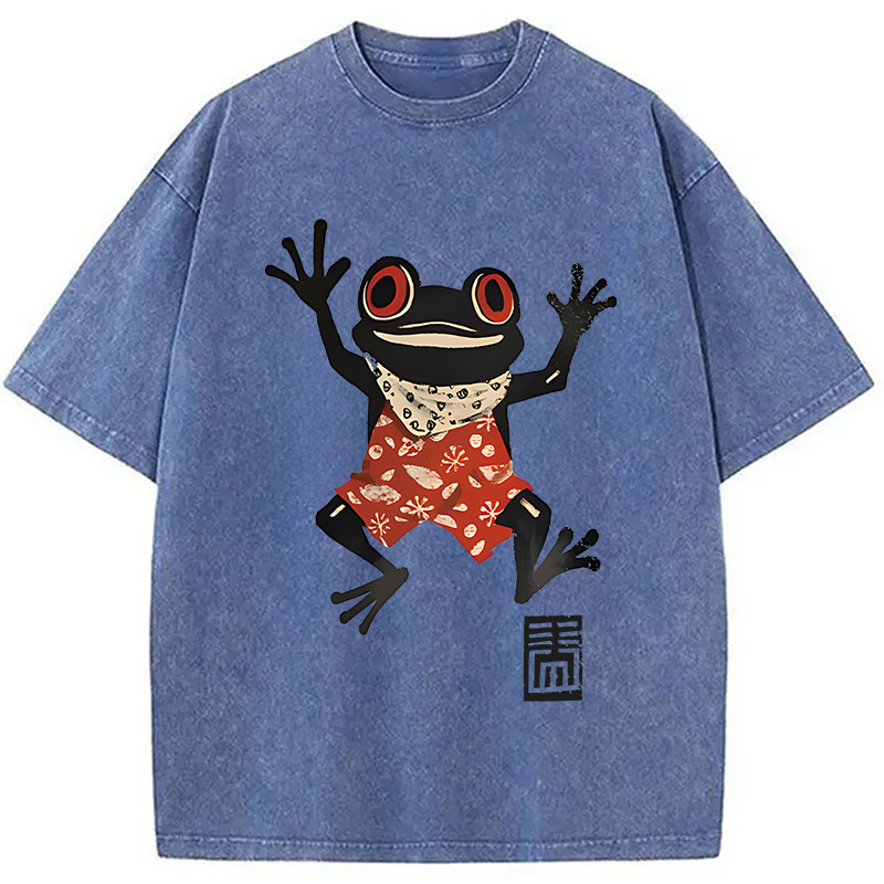 Modecanvas Japanese Happy Frog Ukiyoe DTG Printing Washed T-Shirt
