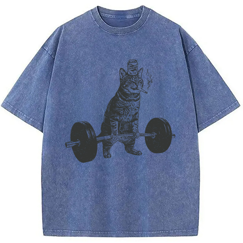 Modecanvas Funny Deadlift Cat Washed T-Shirt-modecanvas
