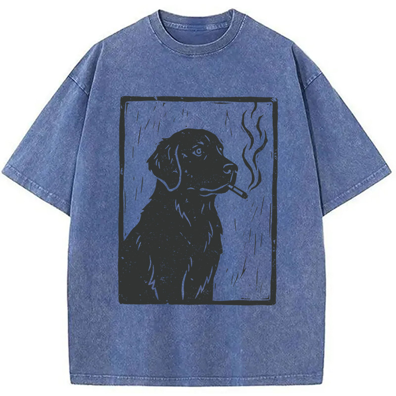 Modecanvas Smoking Labrador Linocut DTG Printing Washed T-Shirt