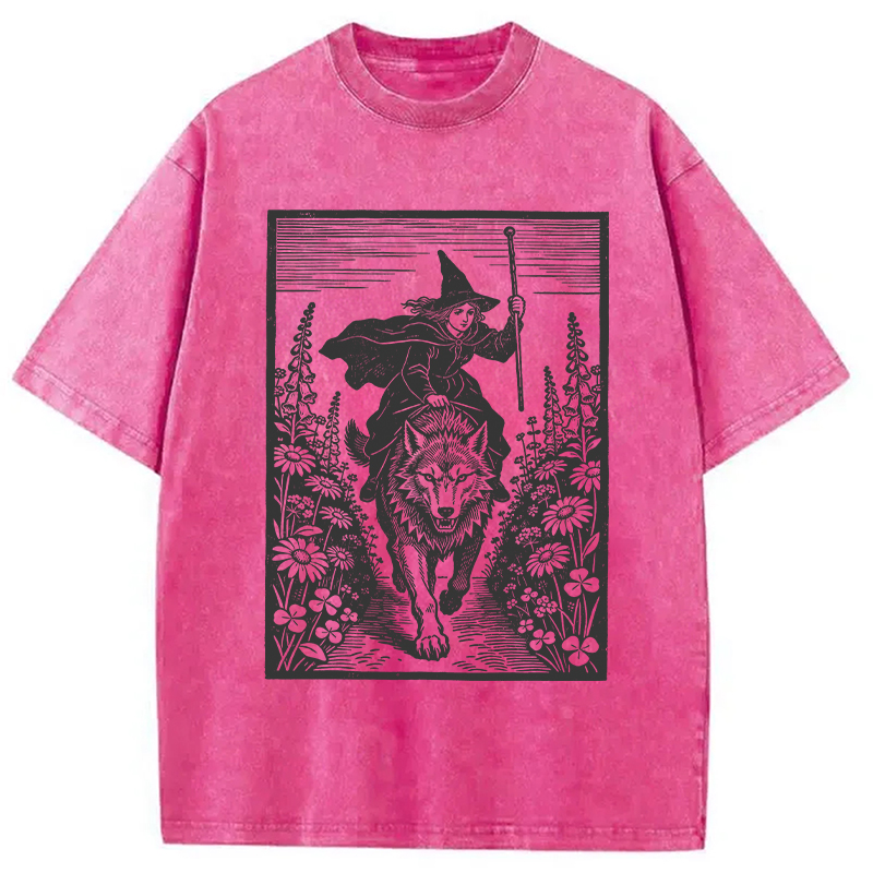 Modecanvas Witch Riding Wolf DTG Printing Washed T-Shirt