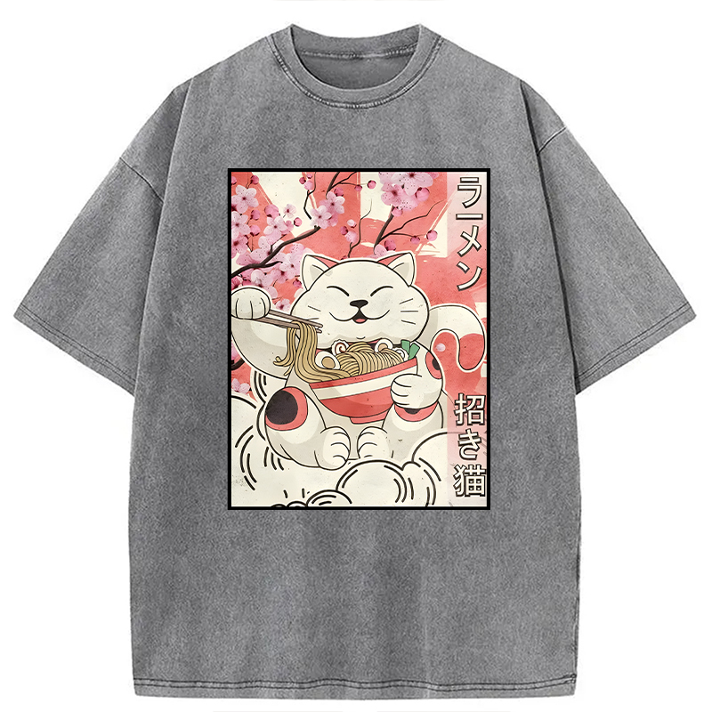 Modecanvas Japanese Noodles Maneki Neko Cat Ramen Meme DTG Printing Washed T-Shirt