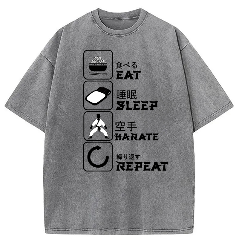Modecanvas Eat Sleep Karate Repeat Meme DTG Printing Washed T-Shirt