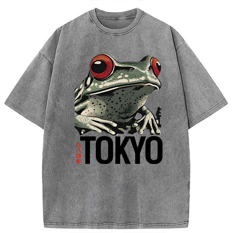 Modecanvas Retro Tokyo Frog DTG Printing Washed T-Shirt
