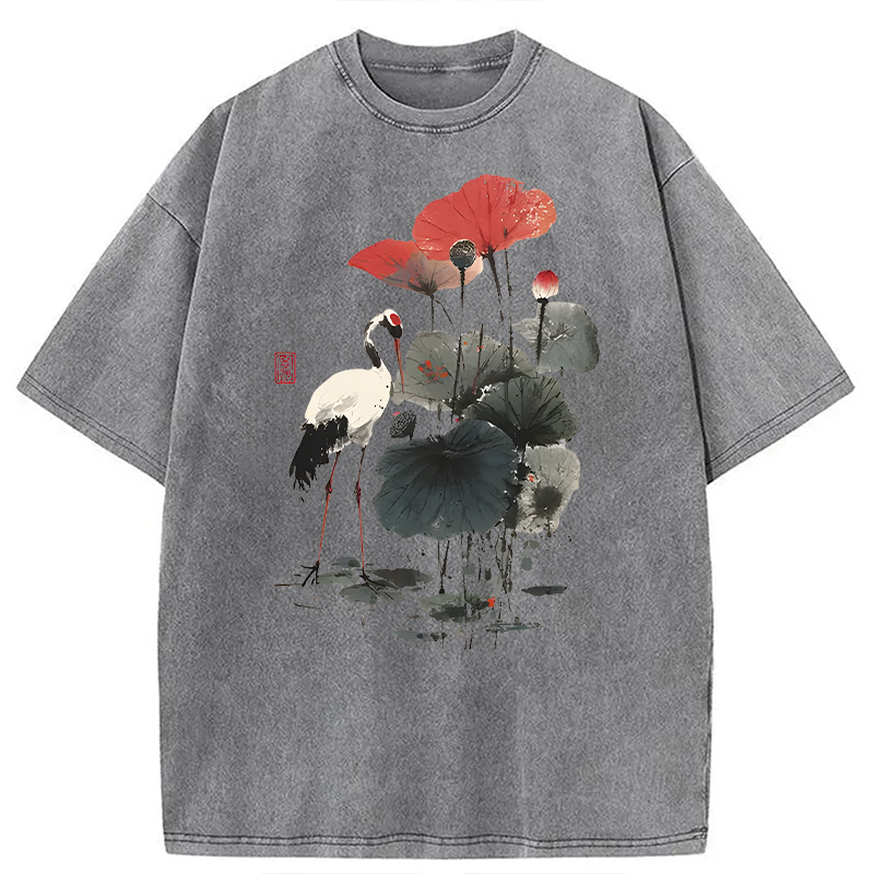 Modecanvas White Crane Among Lotus DTG Printing Washed T-Shirt