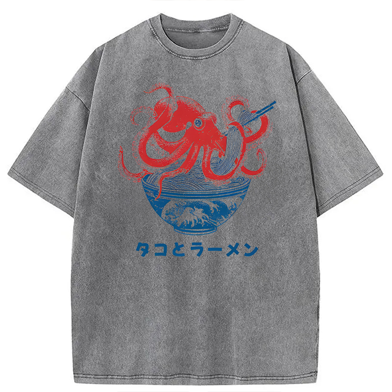 Modecanvas Octopus Eating Ramen DTG Printing Washed T-Shirt