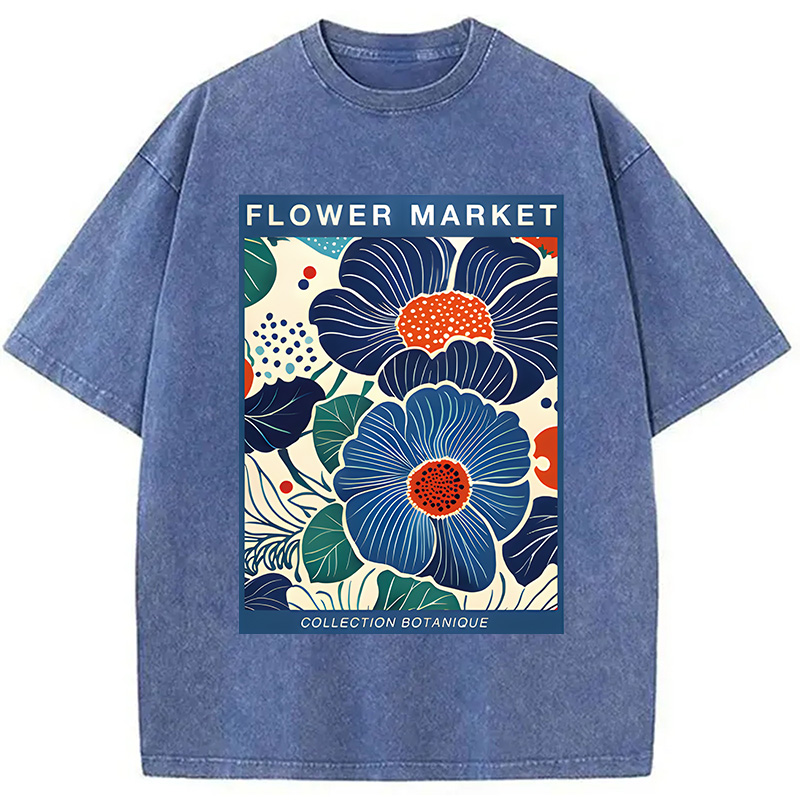 Modecanvas Blue Flowers Botanical Art DTG Printing Washed T-Shirt