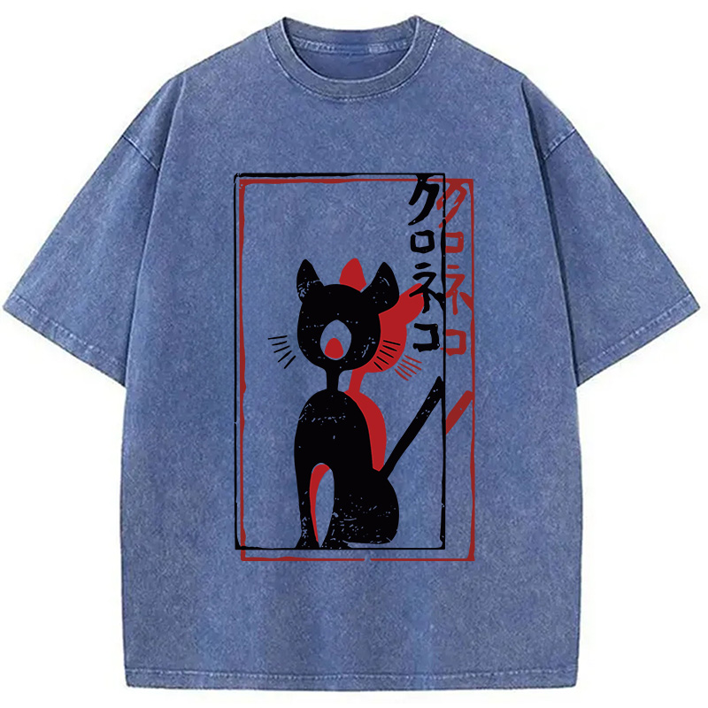 Modecanvas Japanese Retro Black Cat Poster DTG Printing Washed T-Shirt