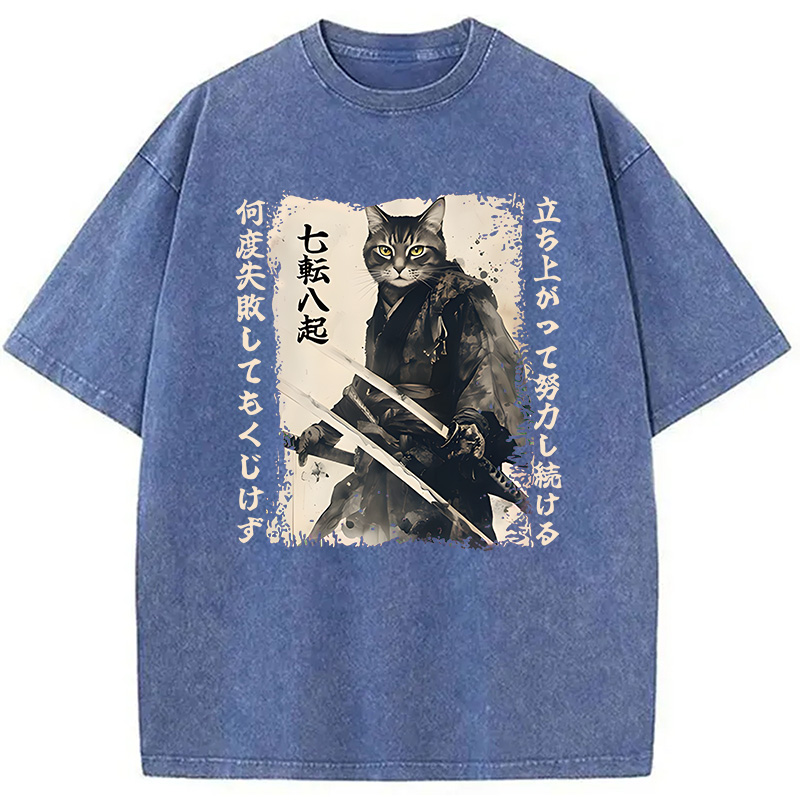 Modecanvas Samurai Japanese Cat DTG Printing Washed T-Shirt