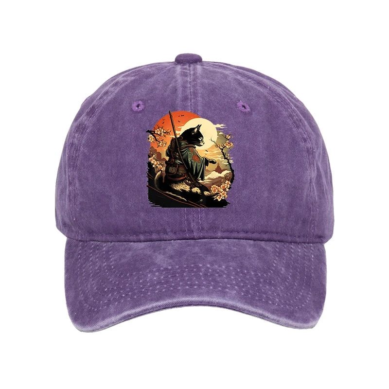 Modecanvas Cat Ninja Ukiyo-e Anime Style Samurai Washed Cap-modecanvas