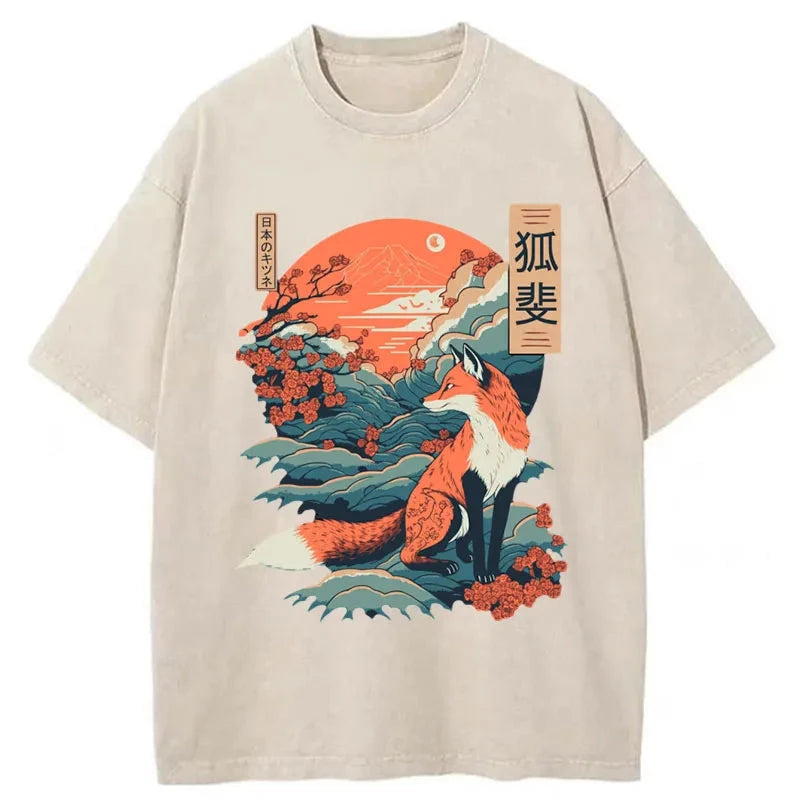 Modecanvas Japanese Kitsune Fox Sakura Washed T-Shirt
