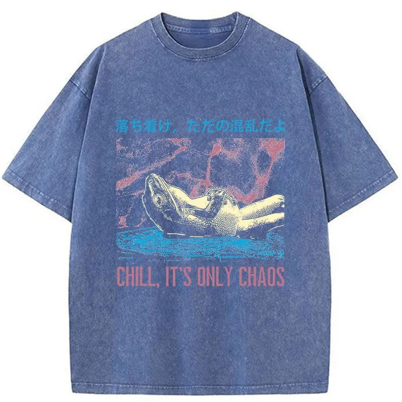 Modecanvas Stay Calm Frog Japanese DTG Printing Washed T-Shirt-modecanvas