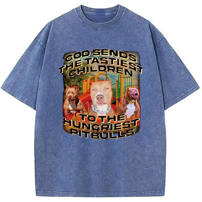 Modecanvas God Sends The Tastiest Children To The Hungriest Pitbulls DTG Printing Washed T-Shirt