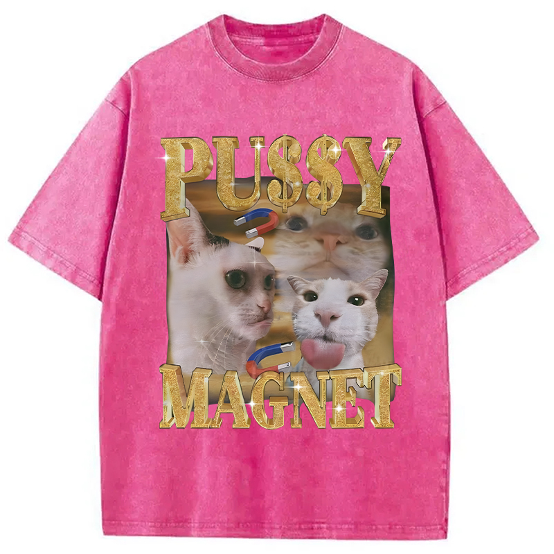 Modecanvas Ironic PUSSY MAGNET Cat Meme DTG Printing Washed T-Shirt