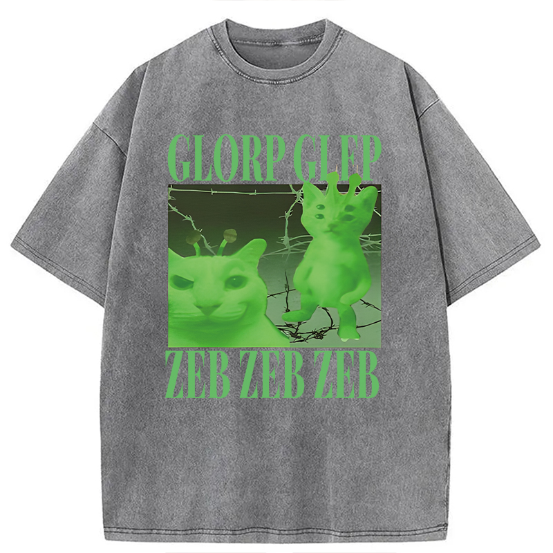 Modecanvas Green Alien Cat Meme DTG Printing Washed T-Shirt