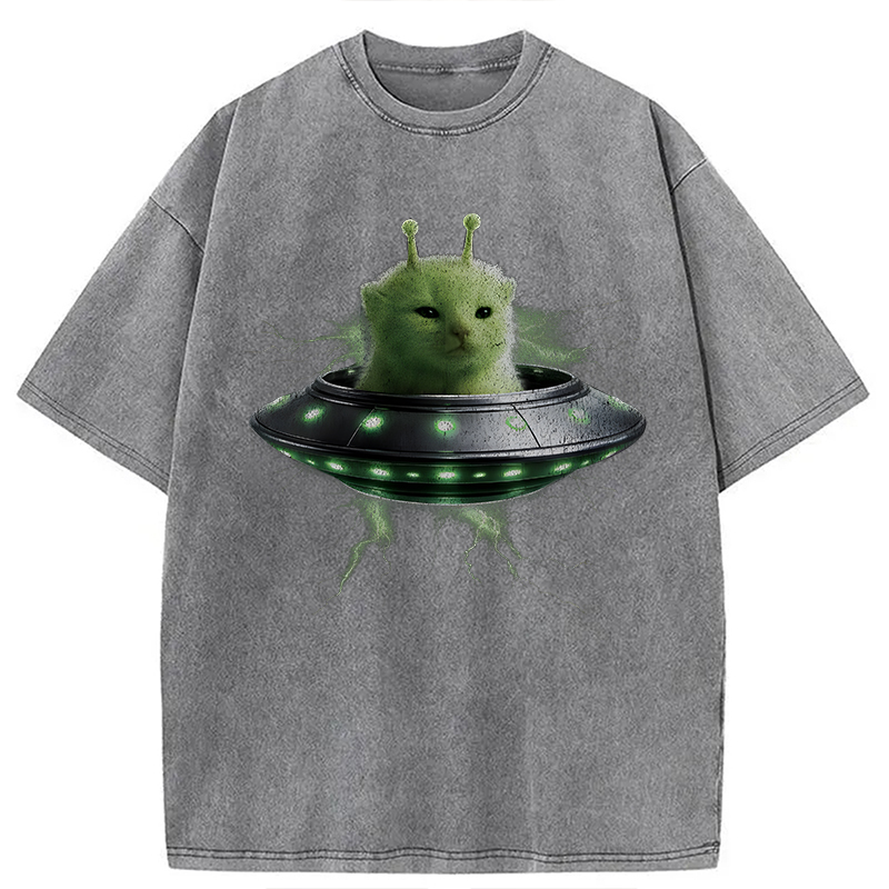 Modecanvas UFO Alien Cat DTG Printing Washed T-Shirt