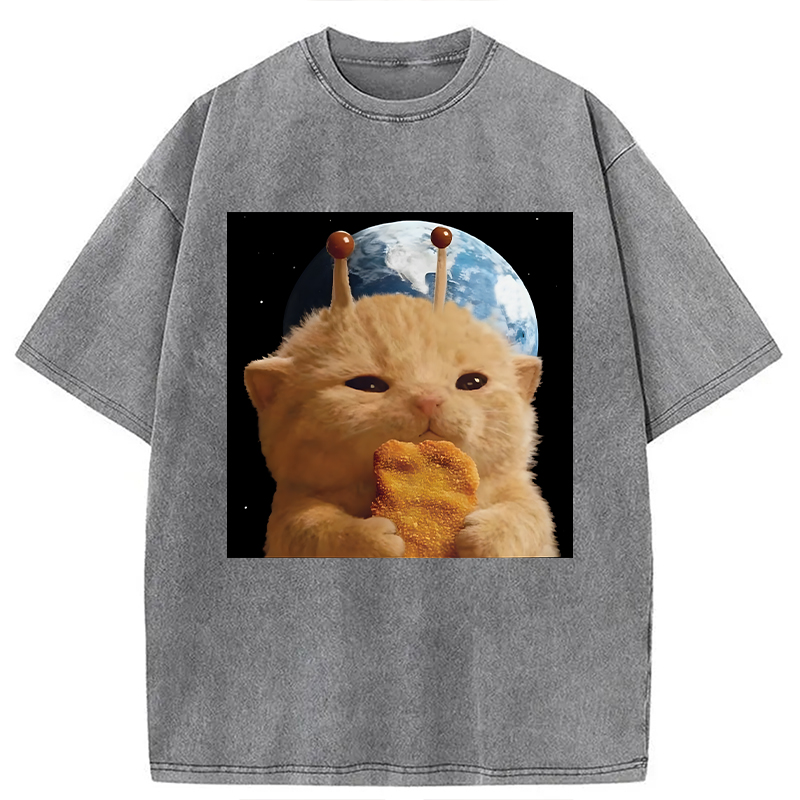 Modecanvas Space Chicken Nugget Alien Cat DTG Printing Washed T-Shirt