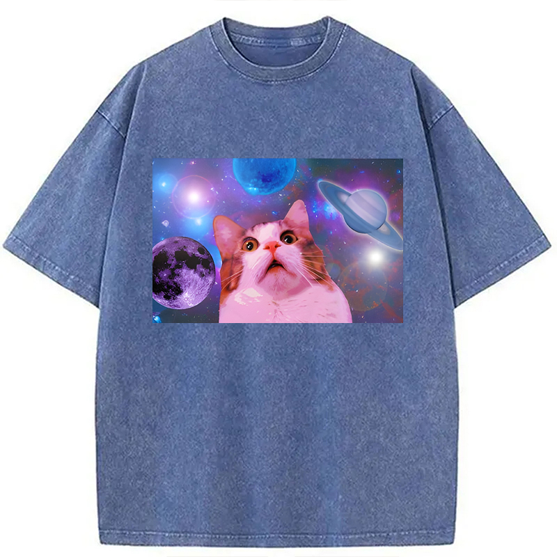 Modecanvas Funny Cat In Space DTG Printing Washed T-Shirt