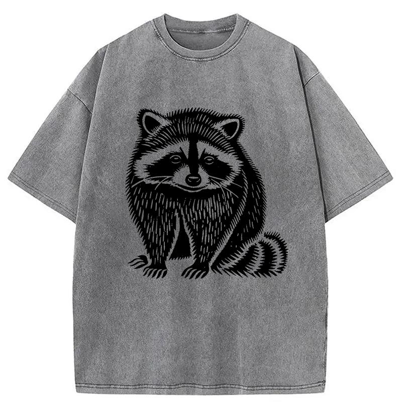 Modecanvas Vintage Minimalist Raccoon DTG Printing Washed T-Shirt