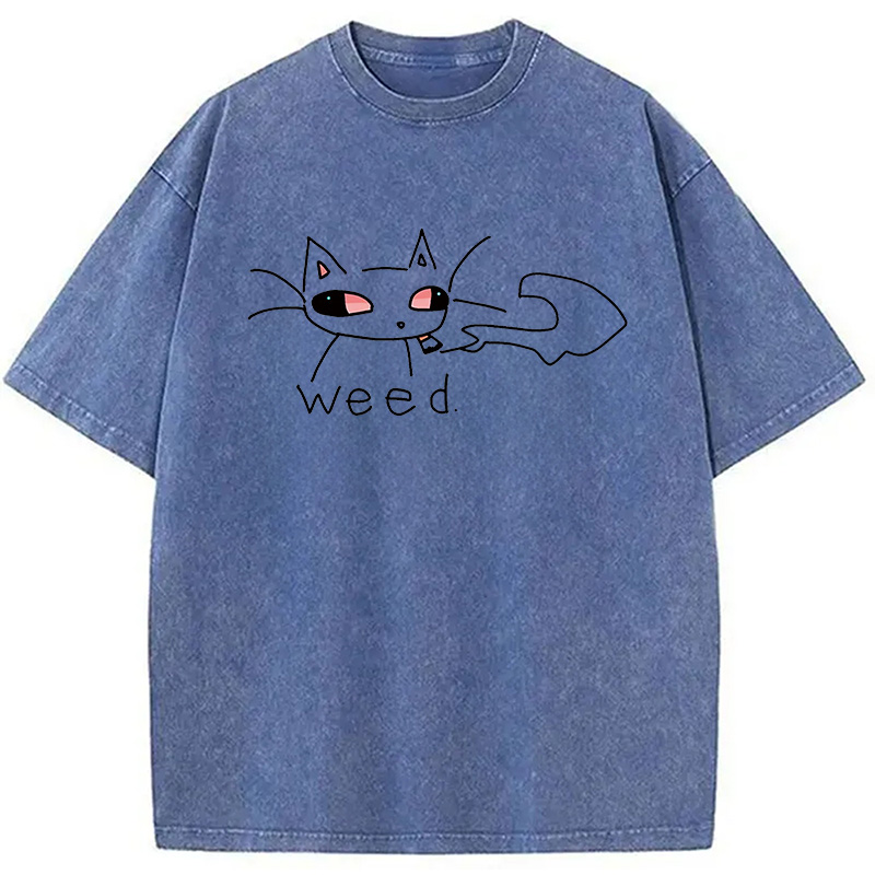 Modecanvas Smoking Weed Cat Meme DTG Printing Washed T-Shirt
