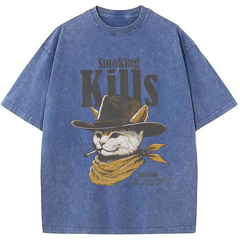 Modecanvas Funny Anti Smoking Cat DTG Printing Washed T-Shirt
