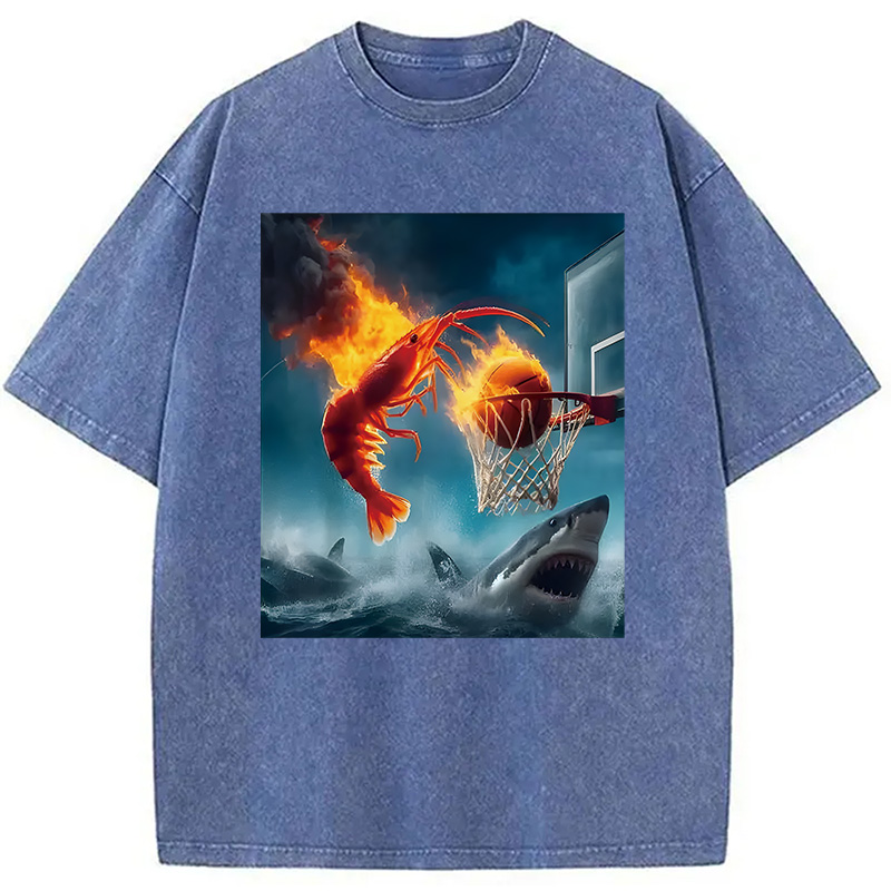 Modecanvas Shrimp Dunking on Shark Funny DTG Printing Washed T-Shirt
