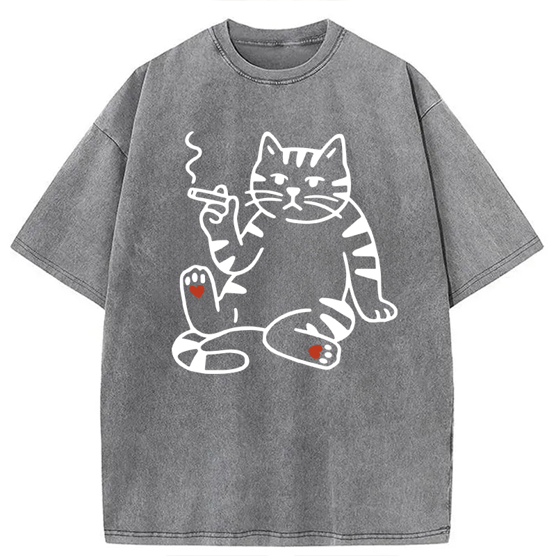 Modecanvas Funny Smoking Cat Meme DTG Printing Washed T-Shirt