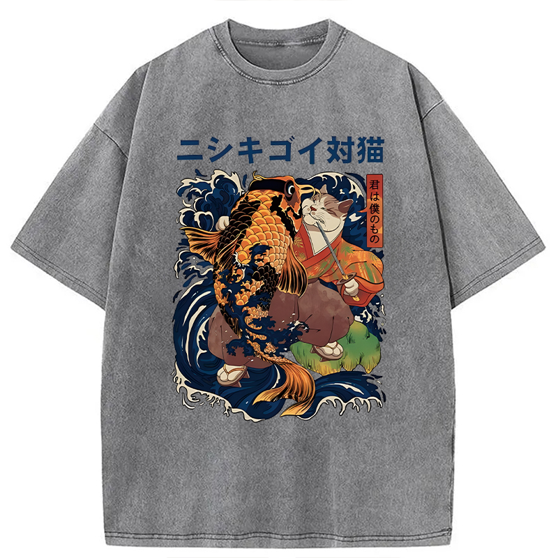 Modecanvas Harajuku Samurai Cat Koi Fish DTG Printing Washed T-Shirt