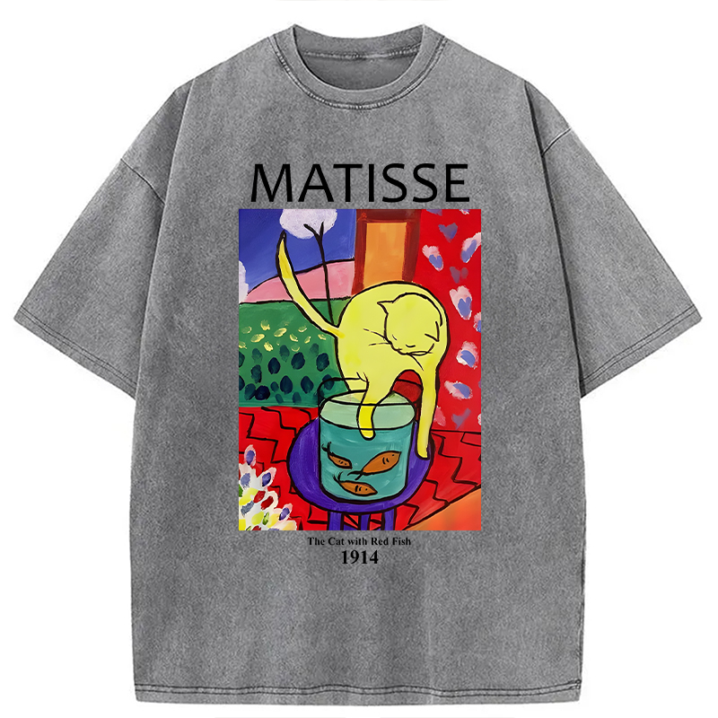 Modecanvas The Cat with Red Fish DTG Printing Washed T-Shirt