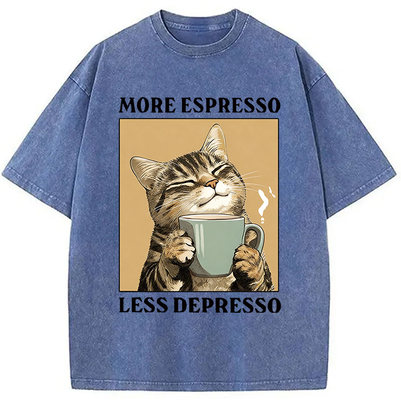 Modecanvas Cute Cat Drinking Coffee DTG Printing Washed T-Shirt
