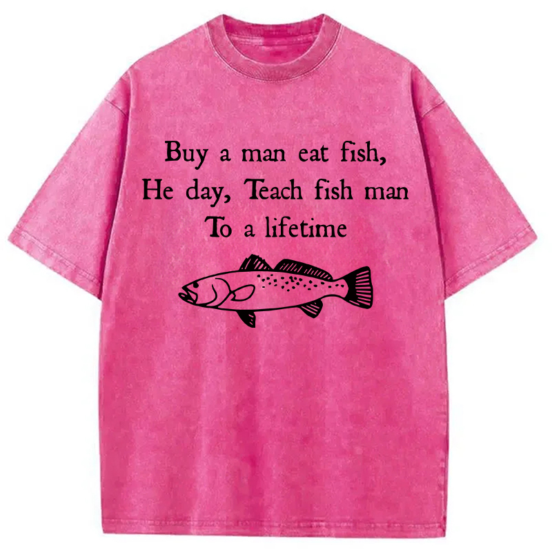 Modecanvas Man Eat Fish Meme DTG Printing Washed T-Shirt