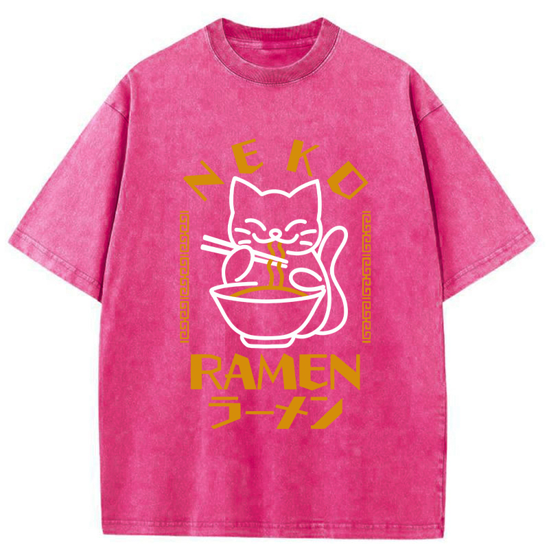 Modecanvas Cat Obsessed With Ramen Washed T-Shirt-modecanvas