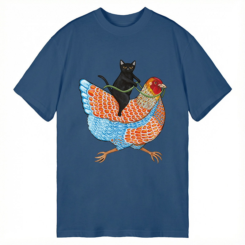 Modecanvas Black Cat On a Wyandotte Chicken DTG Printing Classic T-Shirt-modecanvas