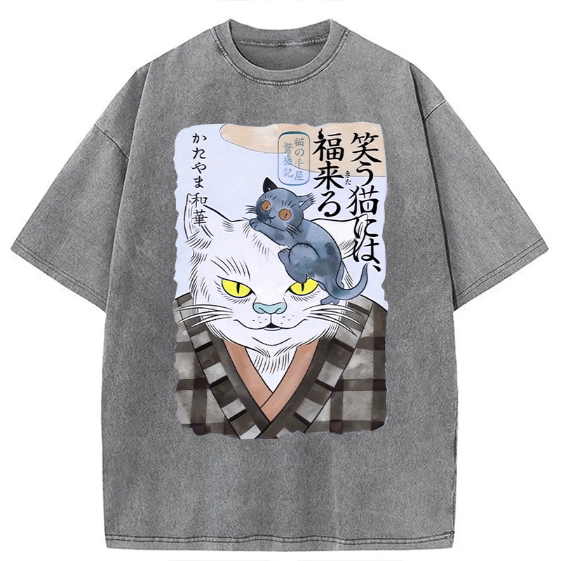 Modecanvas Japanese Vintage Cat DTG Printing Washed T-Shirt