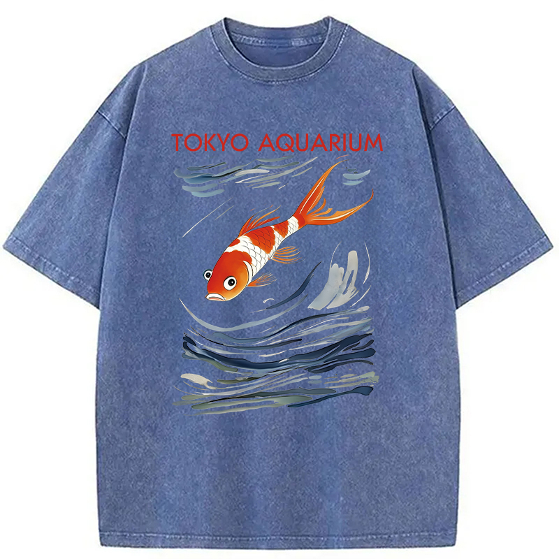 Modecanvas Tokyo Aquarium Koi Fish DTG Printing Washed T-Shirt