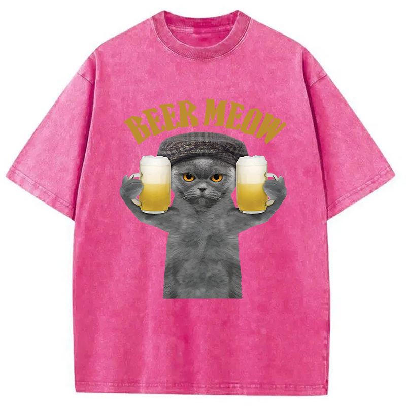 Modecanvas Funny Cat Drinking Or Serving Beer DTG Printing Washed T-Shirt
